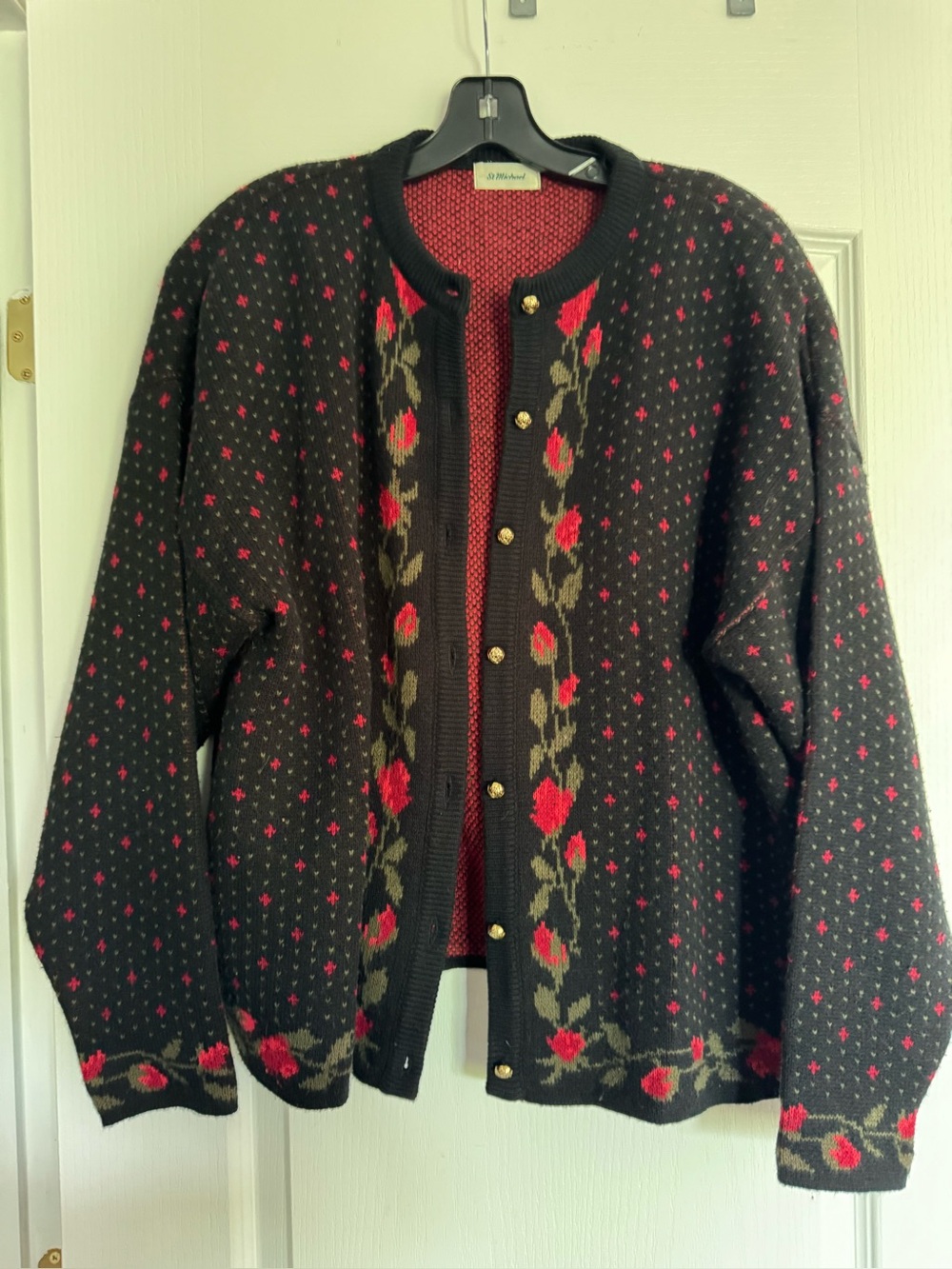St Michael vintage Black Cardigan with Red Rose Knit Detail gold buttons